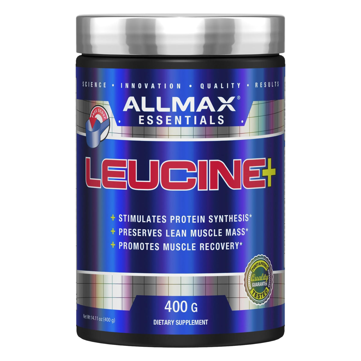 ALLMAX envase frontal mostrando 400 g y 80 porciones, claridad del producto