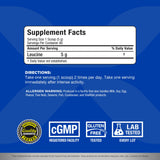 ALLMAX primer plano del polvo fino de leucina, aspecto puro y soluble