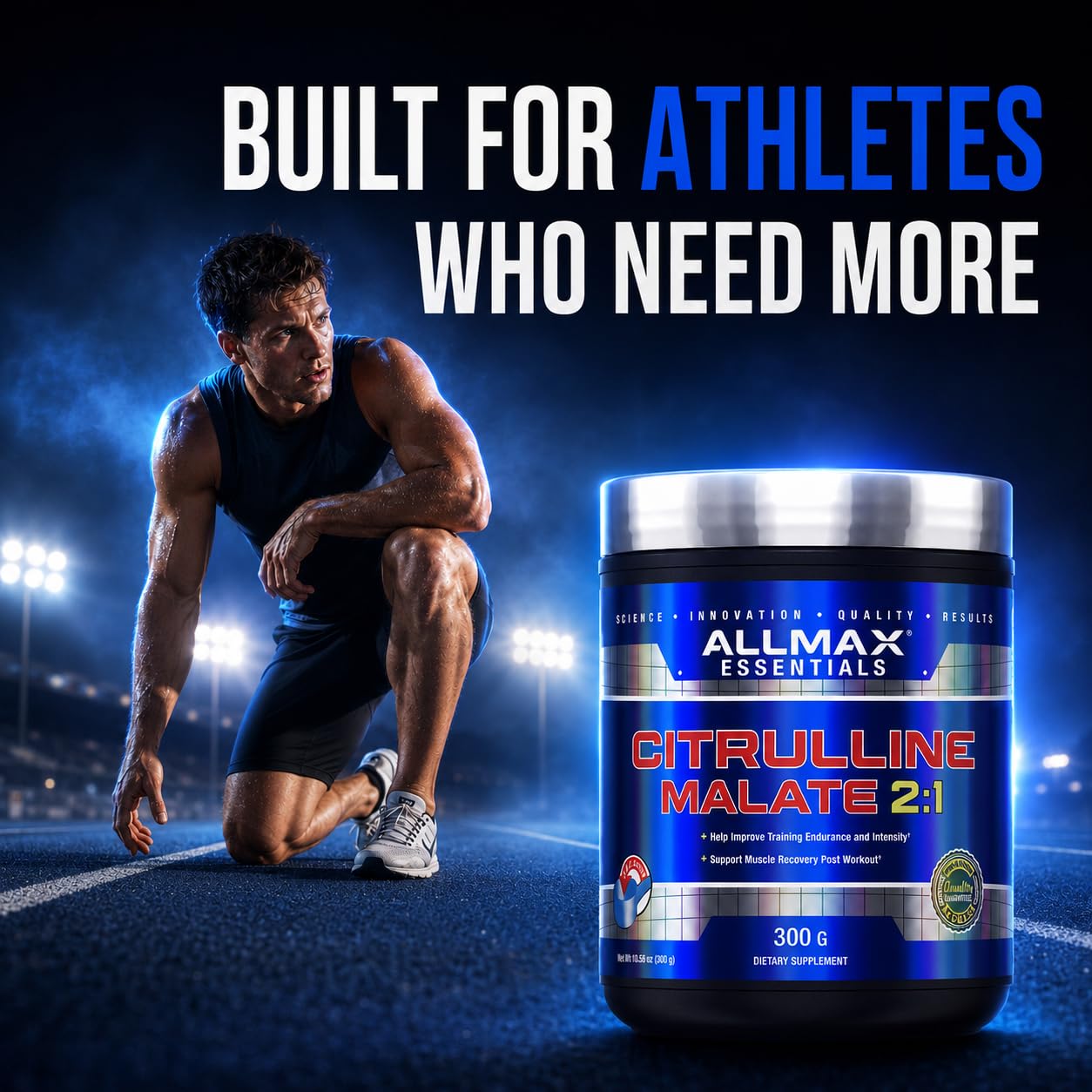 ALLMAX polvo disolviéndose en vaso destacando rápida mezcla y claridad