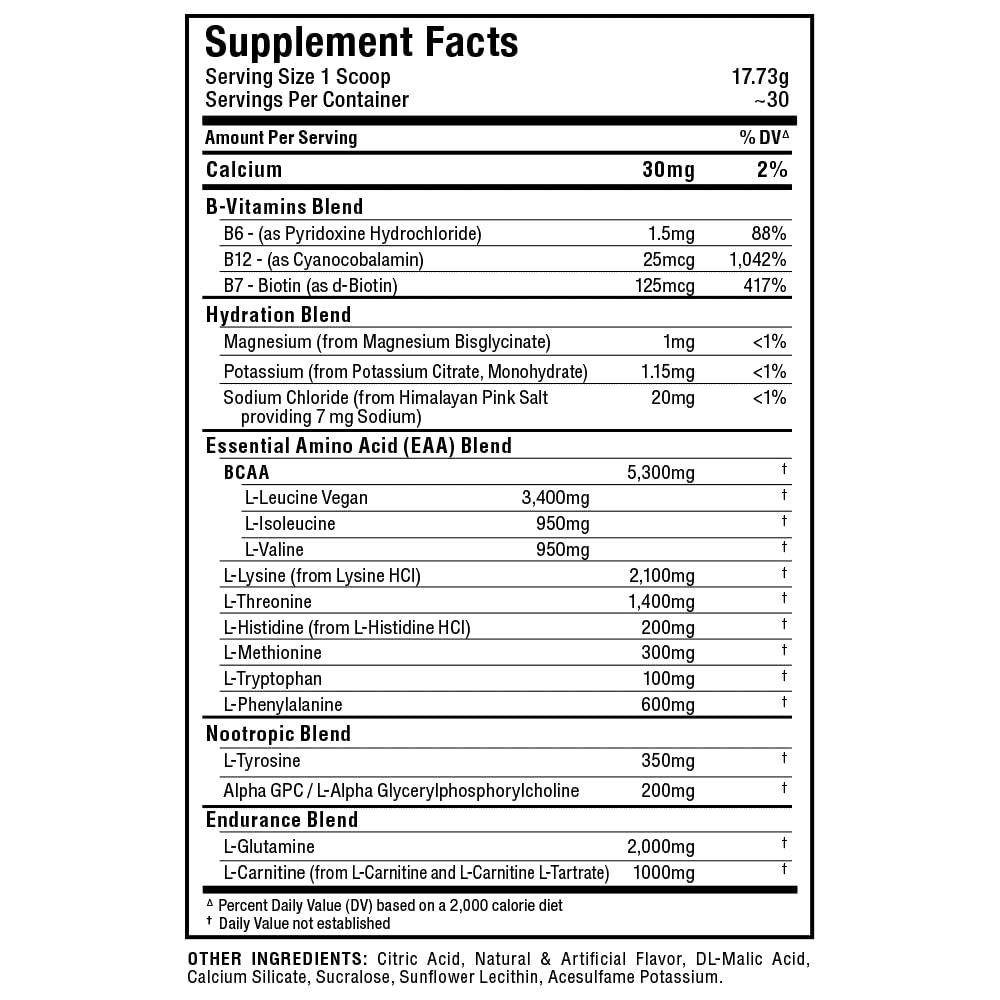 ALLMAX etiqueta de ingredientes resaltando EAAs, BCAA y nootrópicos