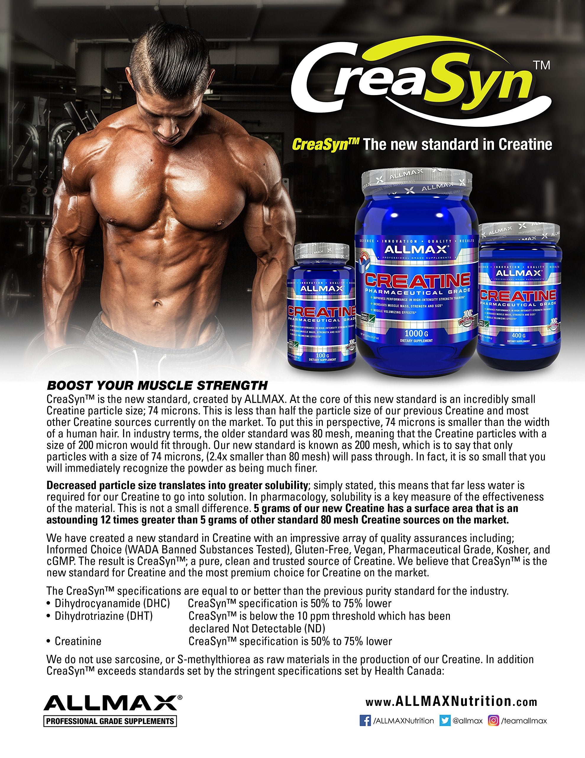 ALLMAX polvo micronizado primer plano mostrando textura fina y mezcla fácil