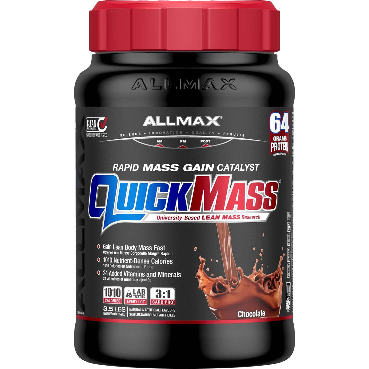ALLMAX frasco QuickMass frente mostrando diseño y facilidad de uso