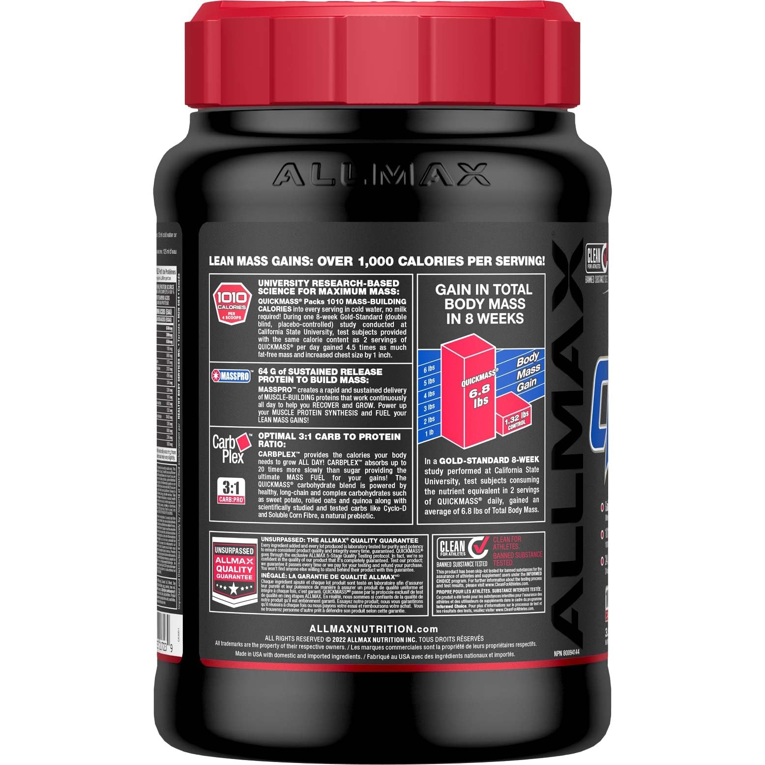 ALLMAX polvo QuickMass en cuchara mostrando textura cremosa y mezcla fácil