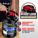 Comparación de tamaño AllWhey Classic 5 lb con botella para referencia de cantidad