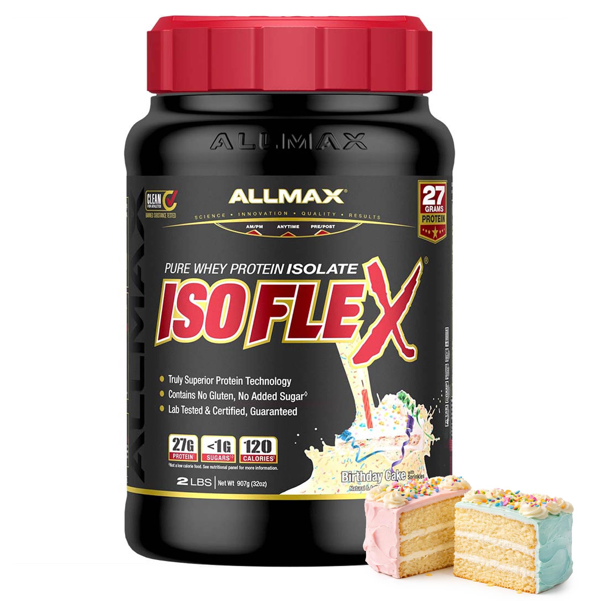 ALLMAX tarro frontal ISOFLEX Birthday Cake mostrando marca y porciones