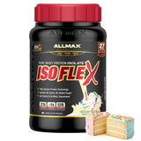 ALLMAX tarro frontal ISOFLEX Birthday Cake mostrando marca y porciones