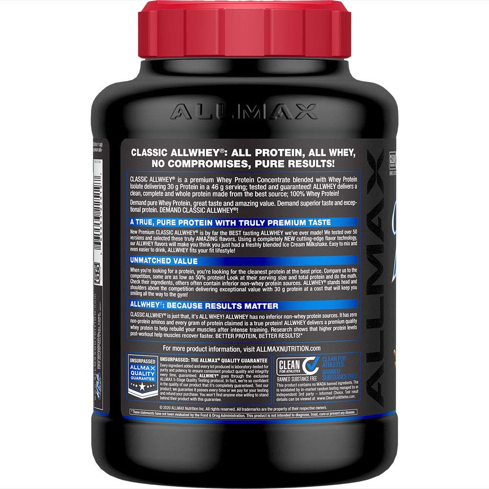 ALLMAX primer plano del polvo AllWhey muestra textura fina y mezcla instantizada