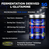 ALLMAX polvo ultra‑fino de glutamina en primer plano para mezclado rápido
