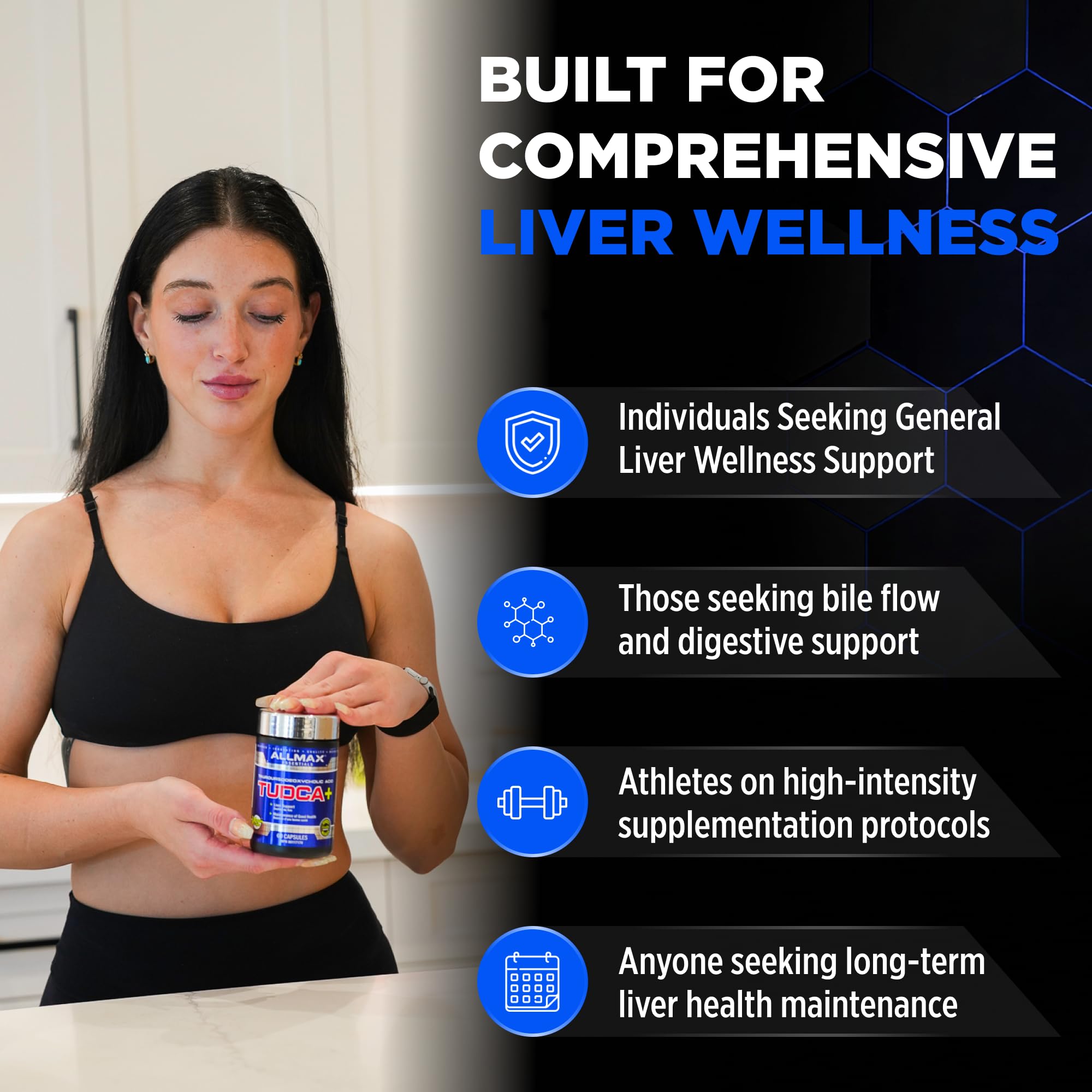 ALLMAX cápsulas en mano mostrando tamaño y portabilidad, beneficio uso práctico