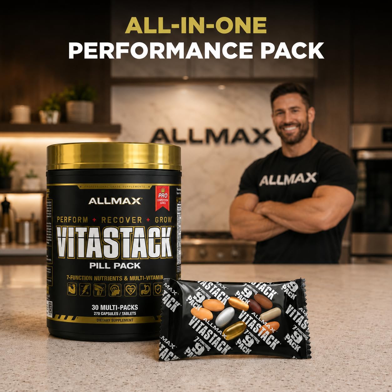 ALLMAX sobre Vitastack en mano para mostrar tamaño y portabilidad