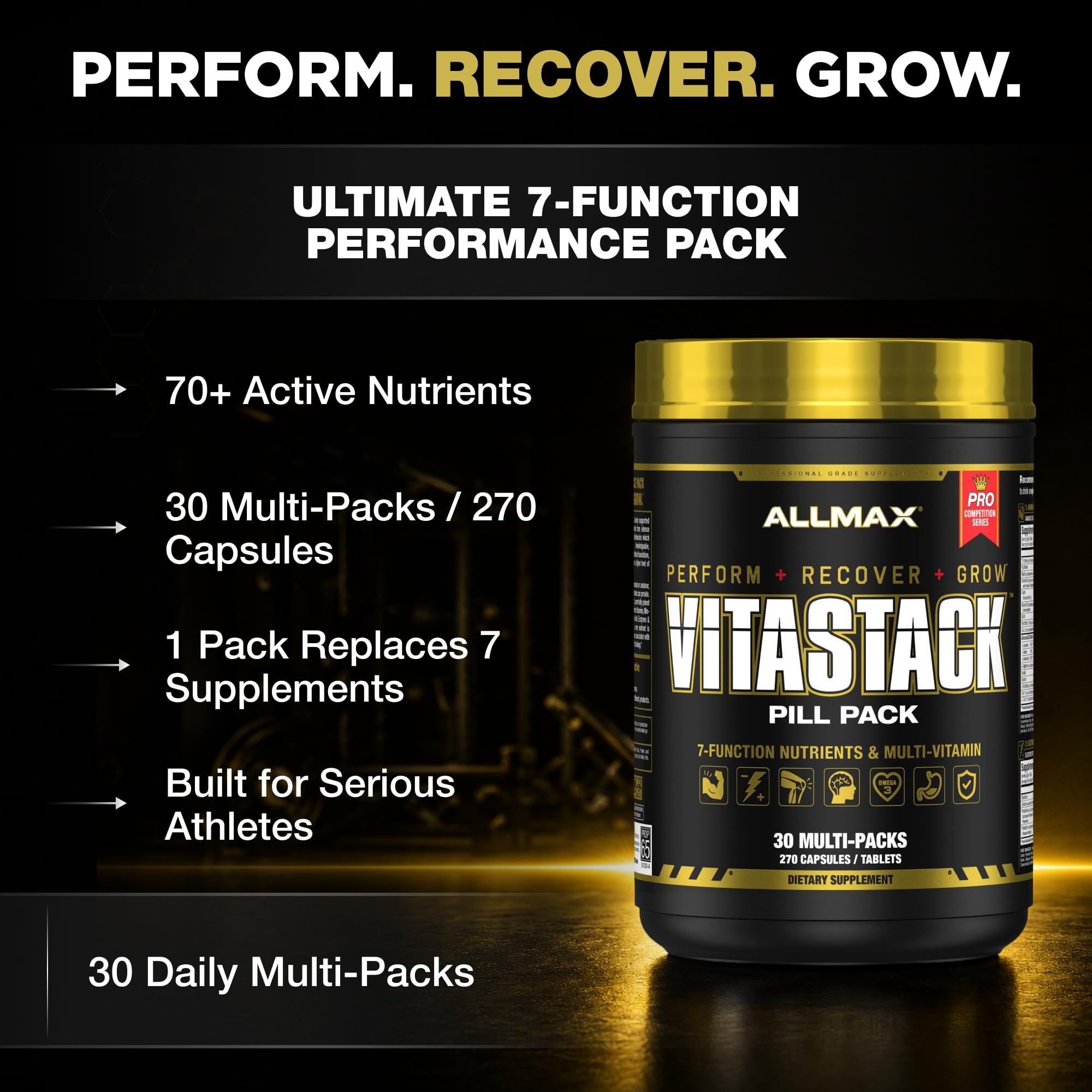 ALLMAX etiqueta de ingredientes Vitastack destacando dosificación transparente