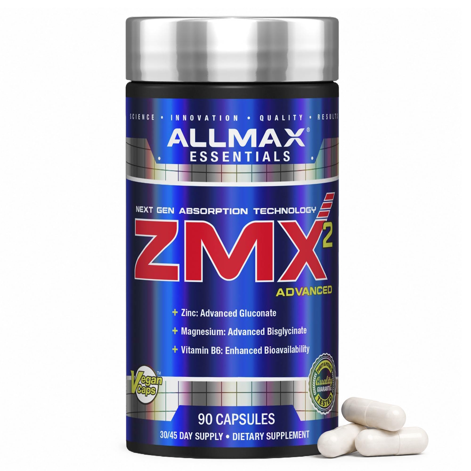 ALLMAX frasco frontal mostrando 90 cápsulas, claridad de ingredientes y portabilidad