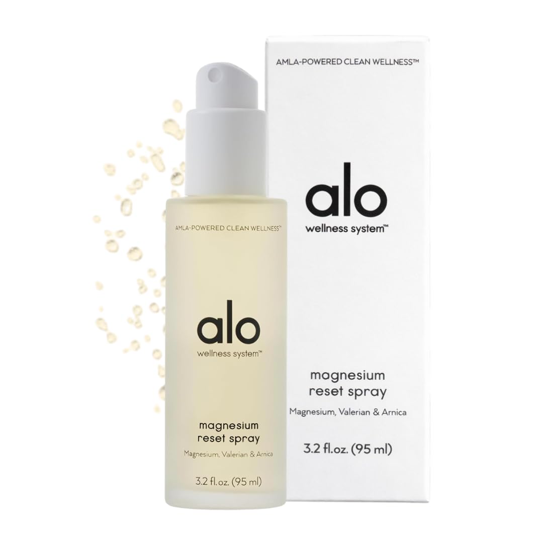 ALO envase frontal del Magnesium Oil Spray mostrando tamaño compacto y beneficio relajante