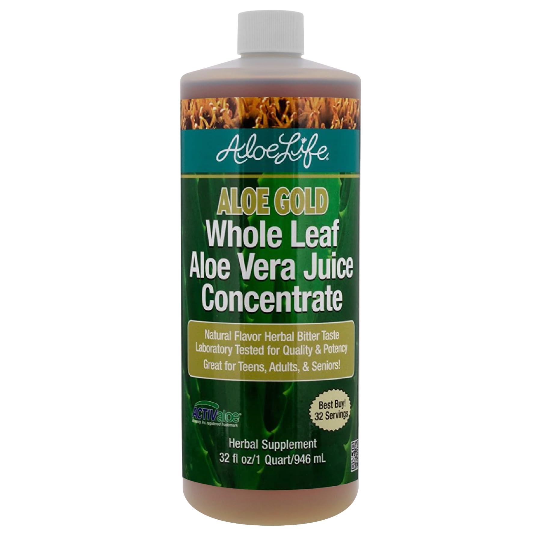 Aloe Life frente del envase mostrando marca y tamaño 32 oz, práctico