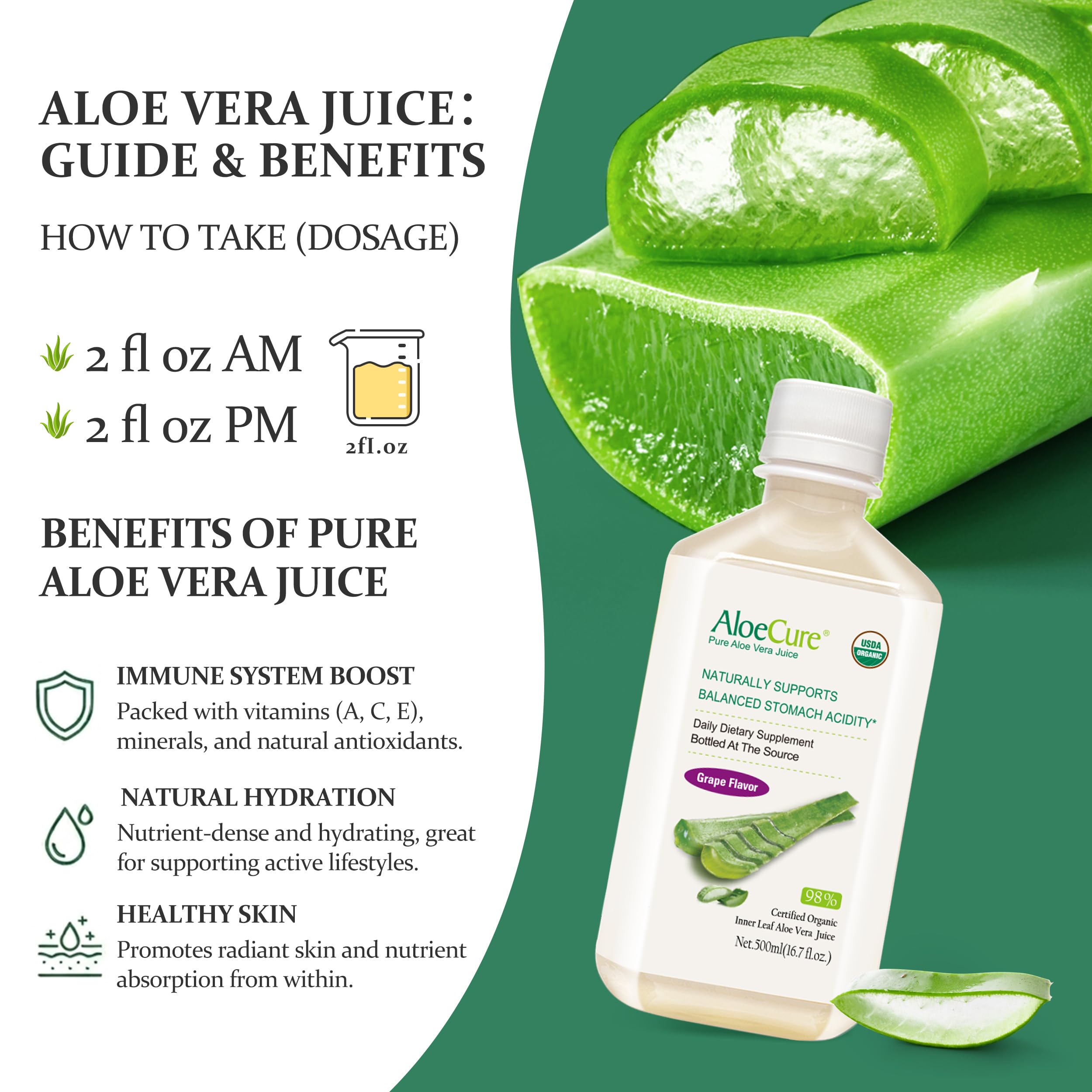 AloeCure vaso con jugo uva listo para beber, imagen de consumo refrescante