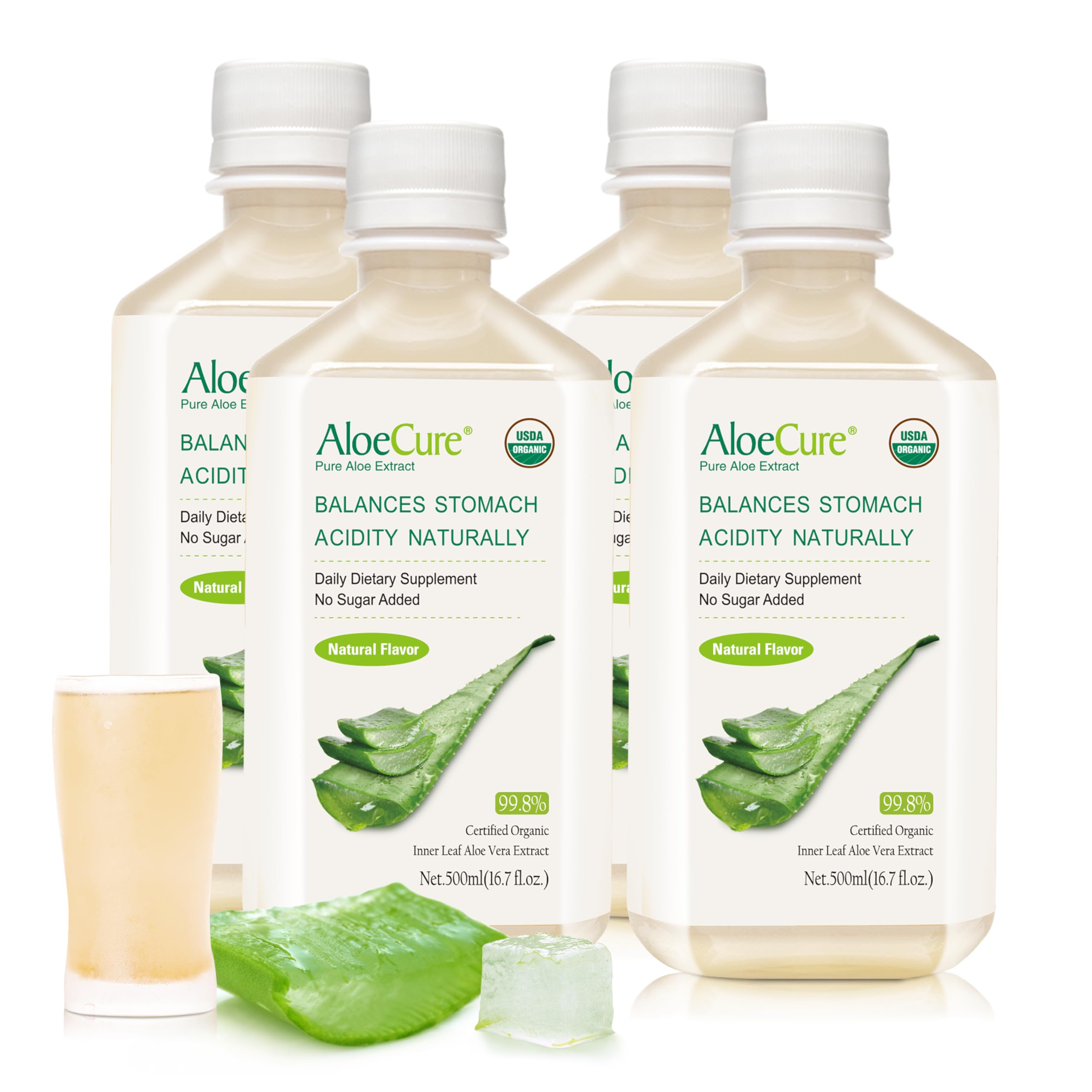 AloeCure botella frontal 500 ml mostrando el color natural del jugo