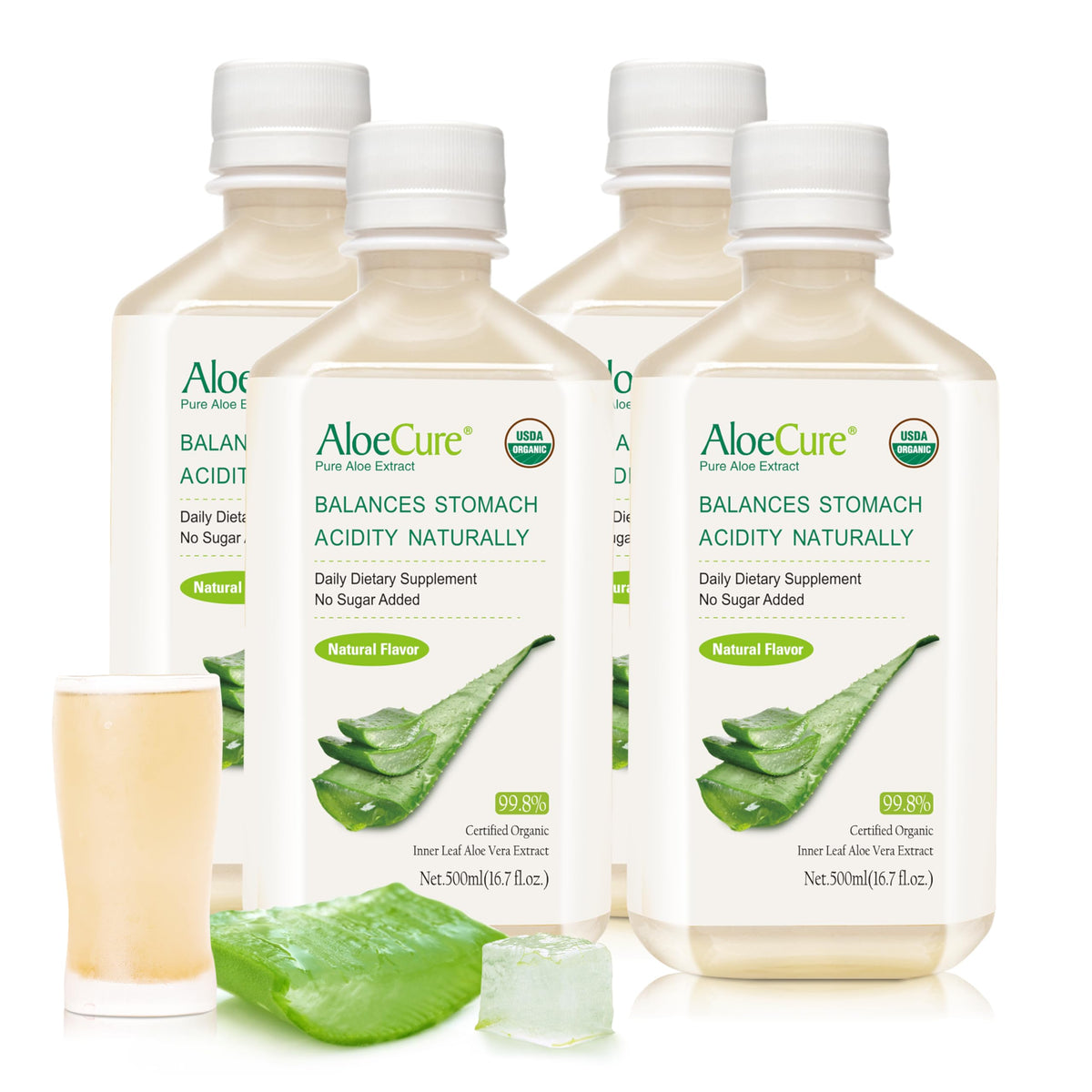 AloeCure botella frontal 500 ml mostrando el color natural del jugo
