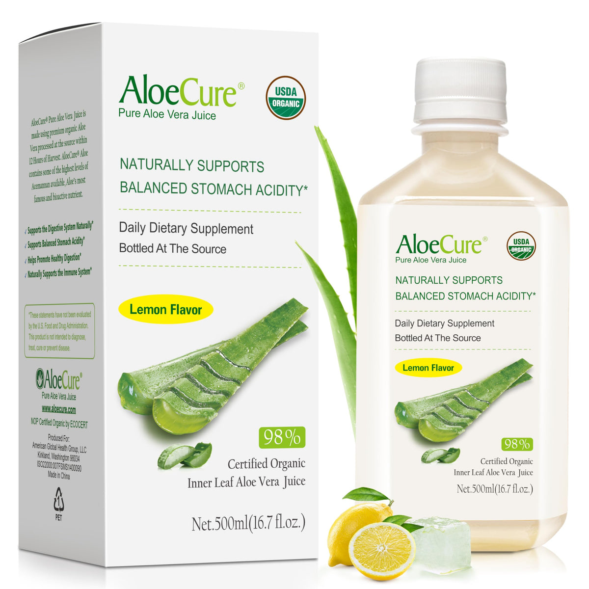 AloeCure frente de botella 16.7oz mostrando diseño y tamaño, beneficio frescura