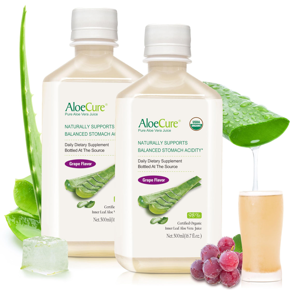 AloeCure frente de botella pack de dos, muestra presentación y beneficio de pureza