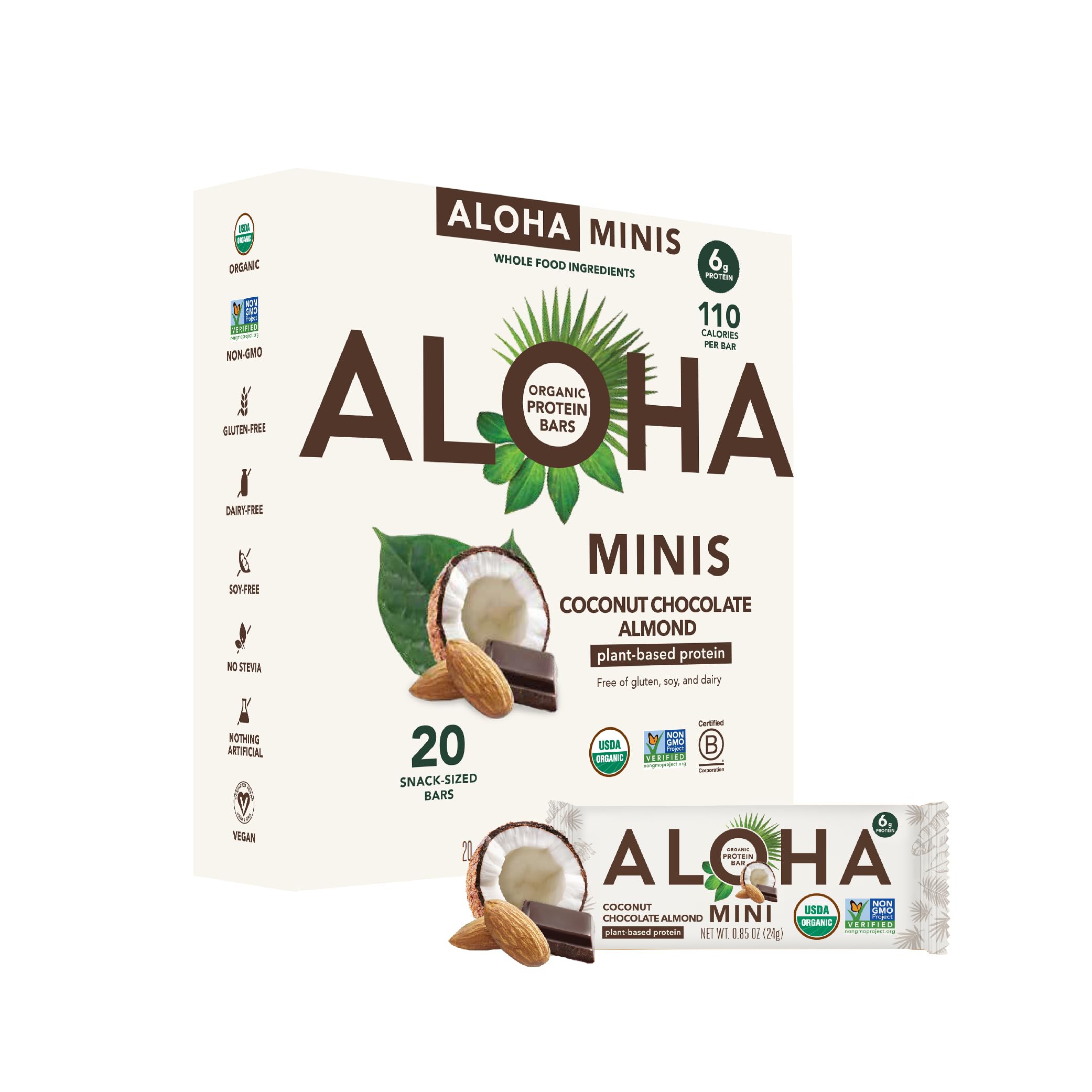 ALOHA caja frontal mostrando 20 barritas y beneficios nutricionales visibles