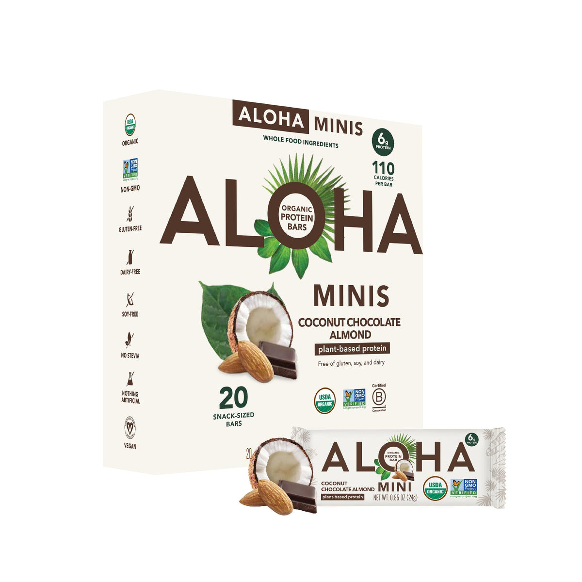 ALOHA caja frontal mostrando 20 barritas y beneficios nutricionales visibles