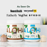 ALOHA detalle de la etiqueta con lista de ingredientes orgánicos y beneficios claros