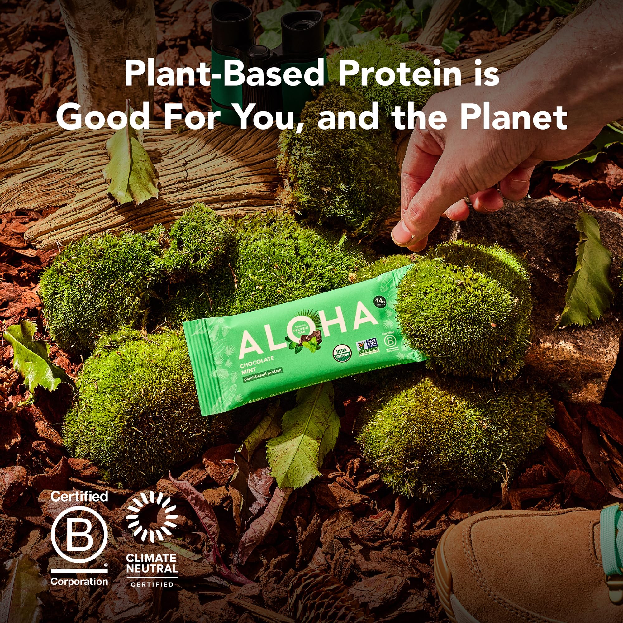 ALOHA etiqueta con certificaciones USDA Organic y Climate Neutral, confianza orgánica