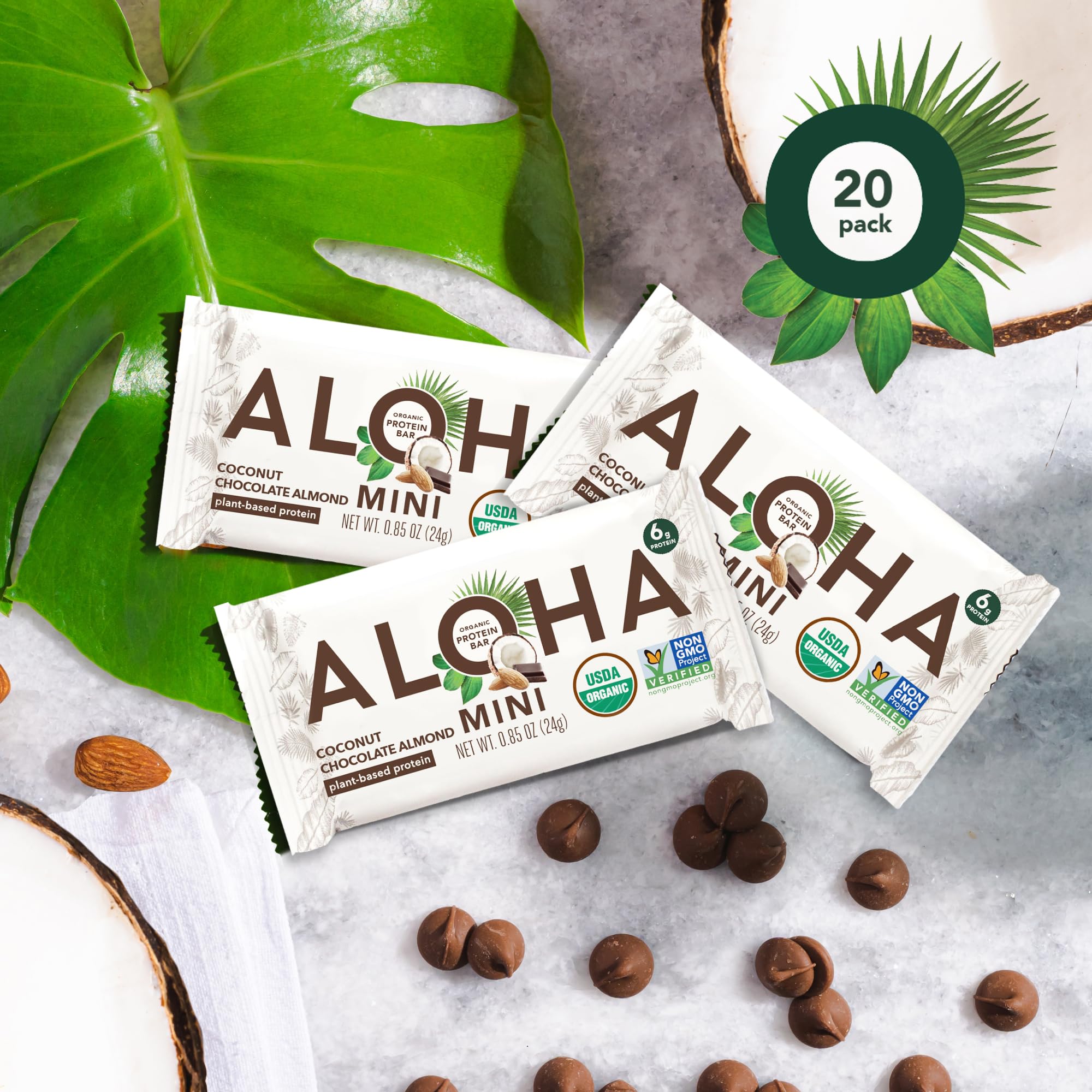 ALOHA etiqueta con lista de ingredientes orgánicos y certificaciones claras