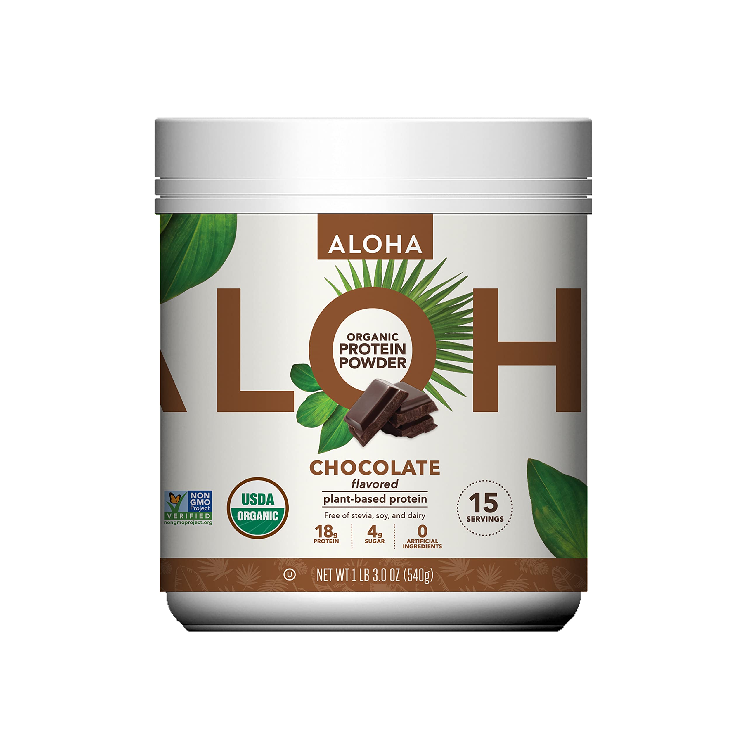 ALOHA envase frontal de proteína chocolate mostrando tamaño reciclable y 15 porciones