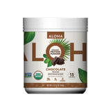 ALOHA envase frontal de proteína chocolate mostrando tamaño reciclable y 15 porciones