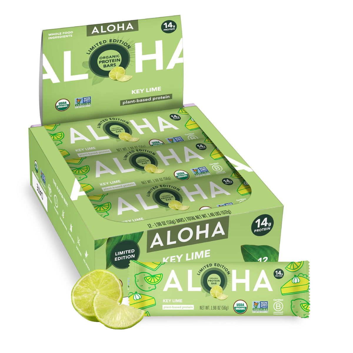ALOHA empaque frontal Key Lime mostrando barras orgánicas y beneficios nutritivos