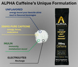 Alpha Caffeine pouch abierto con 15 sticks visibles y ordenados