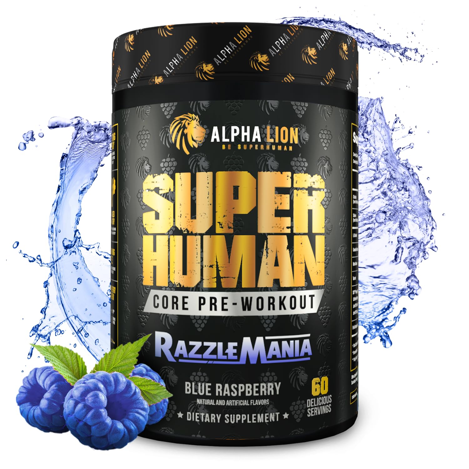 ALPHA LION frasco frontal mostrando el diseño y sabor Razzle Mania