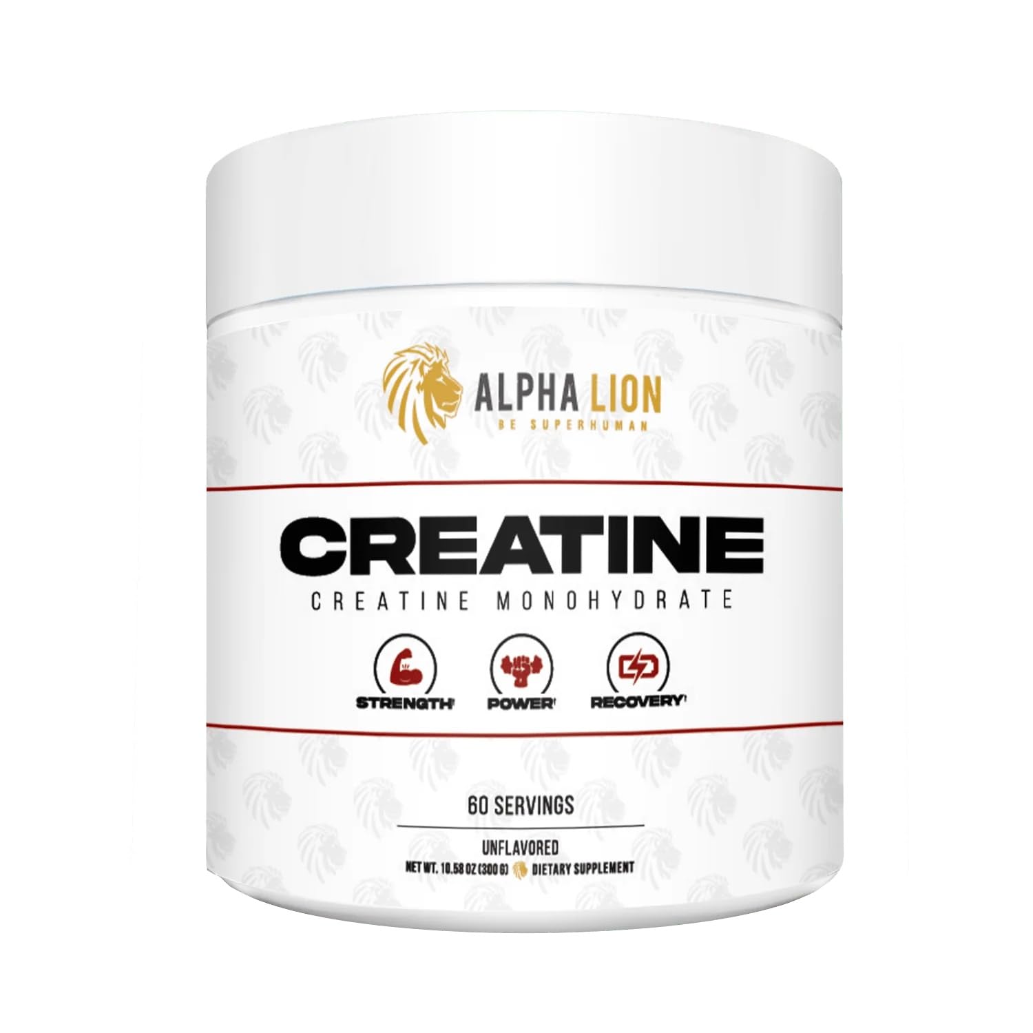 ALPHA LION envase frontal mostrando creatina pura y 60 servicios