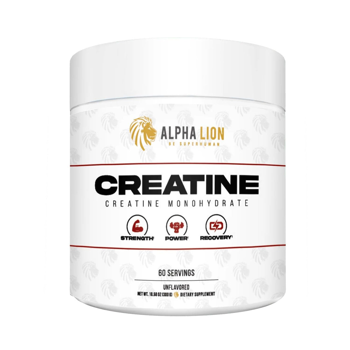 ALPHA LION envase frontal mostrando creatina pura y 60 servicios