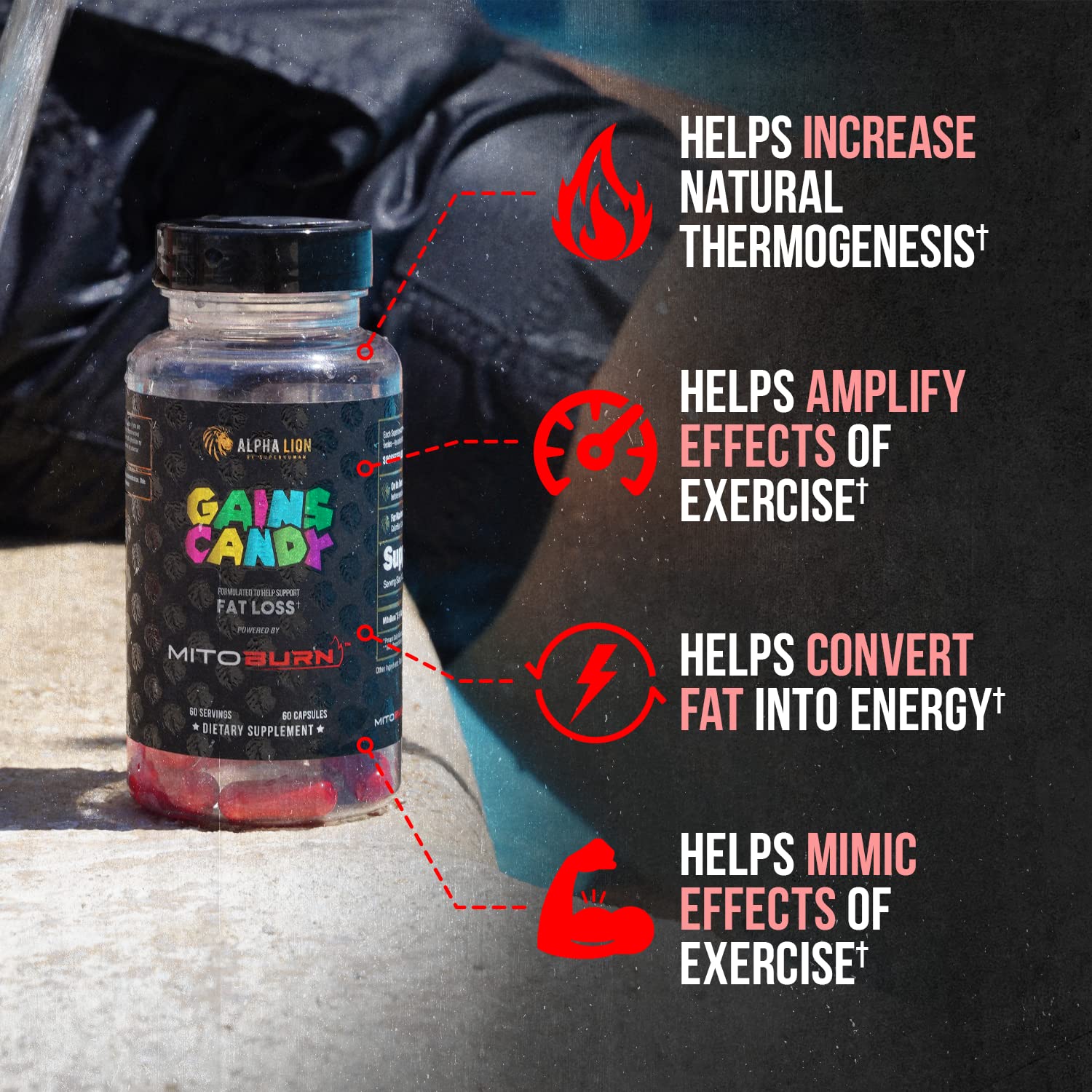 ALPHA LION etiqueta lateral con lista de ingredientes y beneficios