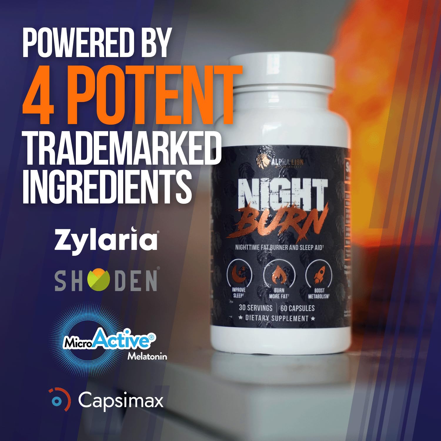 ALPHA LION cápsula en mano Night Burn muestra tamaño y dosificación