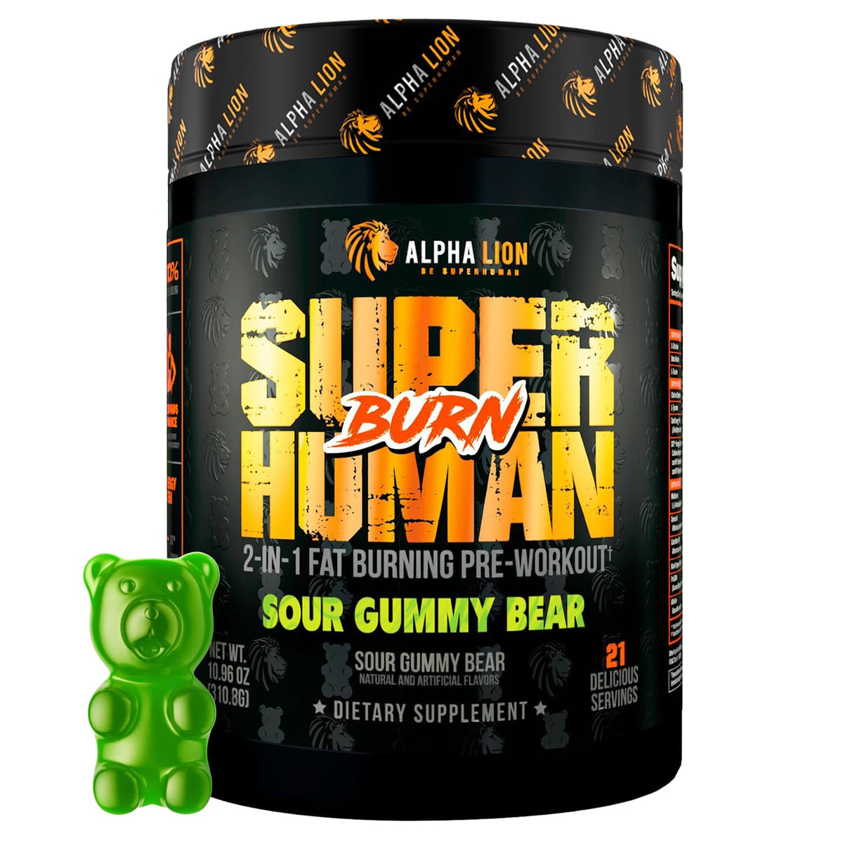 ALPHA LION envase frontal que muestra diseño y sabor Sour Gummy Bear, atractivo visual