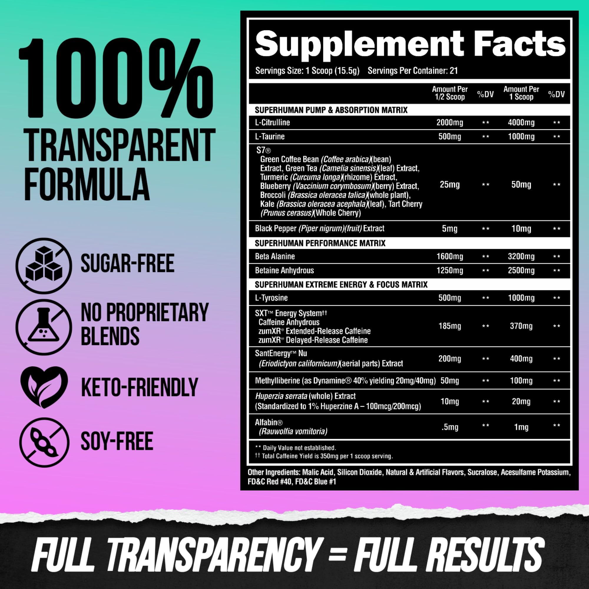 ALPHA LION etiqueta transparente con lista de ingredientes y dosis claras