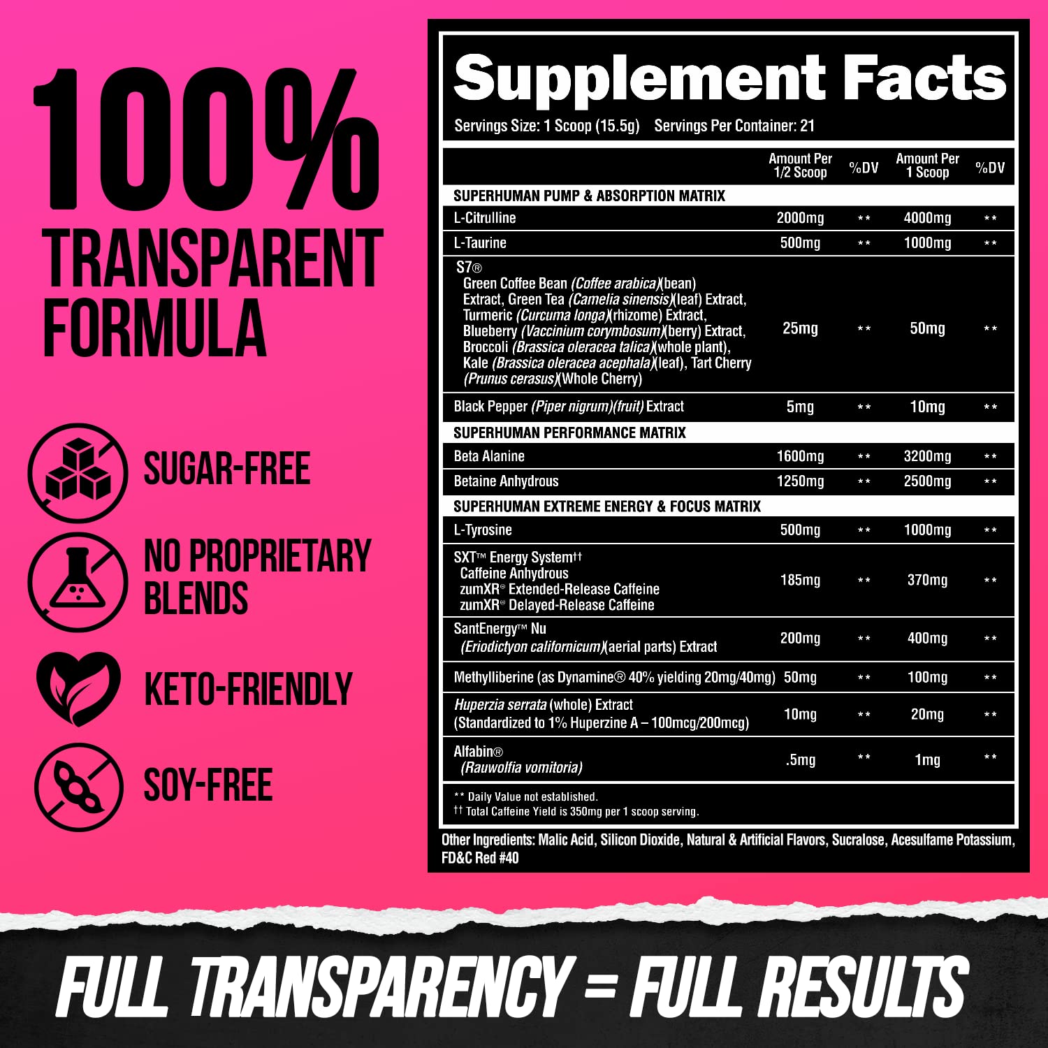 ALPHA LION tabla de información nutricional mostrando dosis y cantidades por servicio