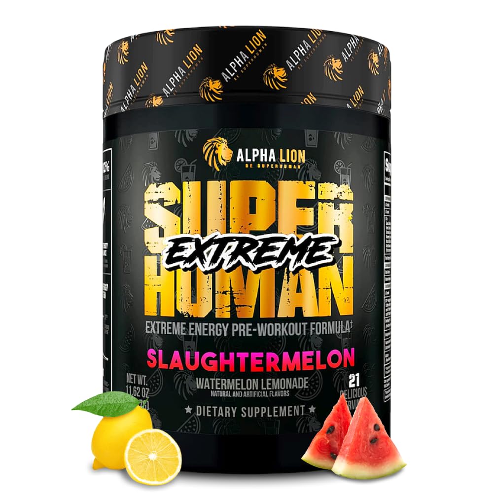 ALPHA LION frasco frontal del pre-entreno Slaughtermelon mostrando la marca y beneficio energético