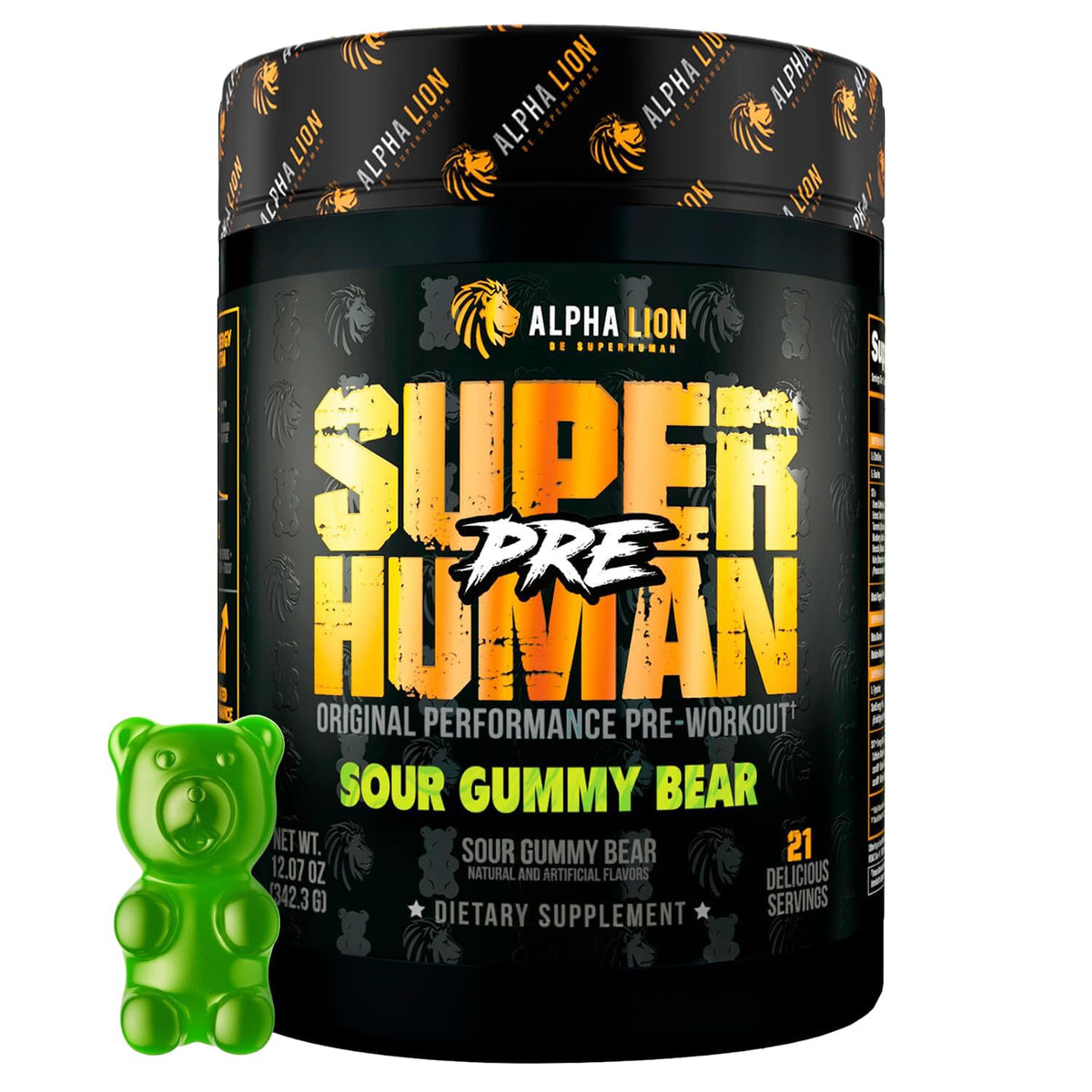 Envase ALPHA LION Superhuman Pre Workout frente mostrando la marca y sabor, ideal para identificar el producto