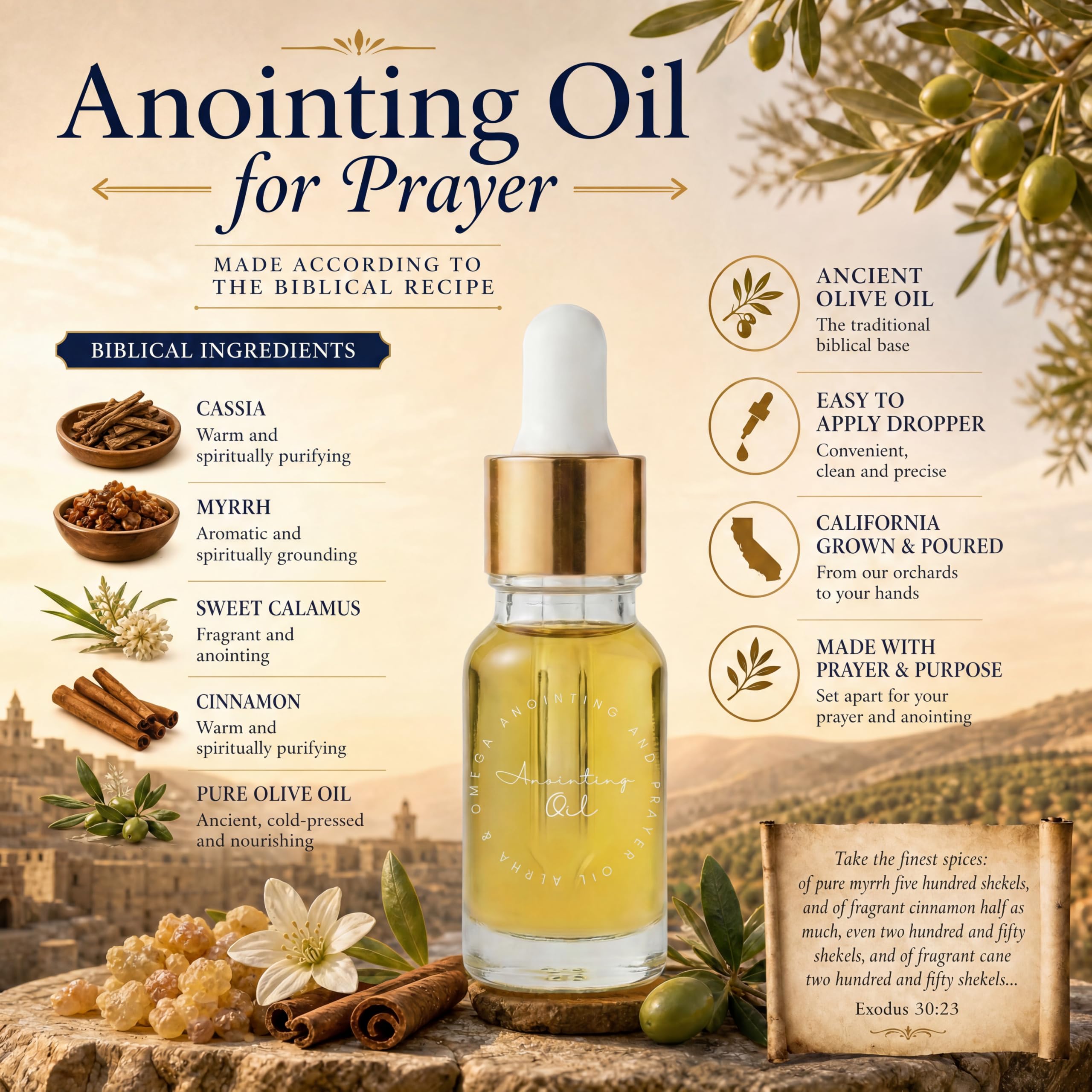 Alpha & Omega Oil gota en la mano para unción, cómoda y controlada