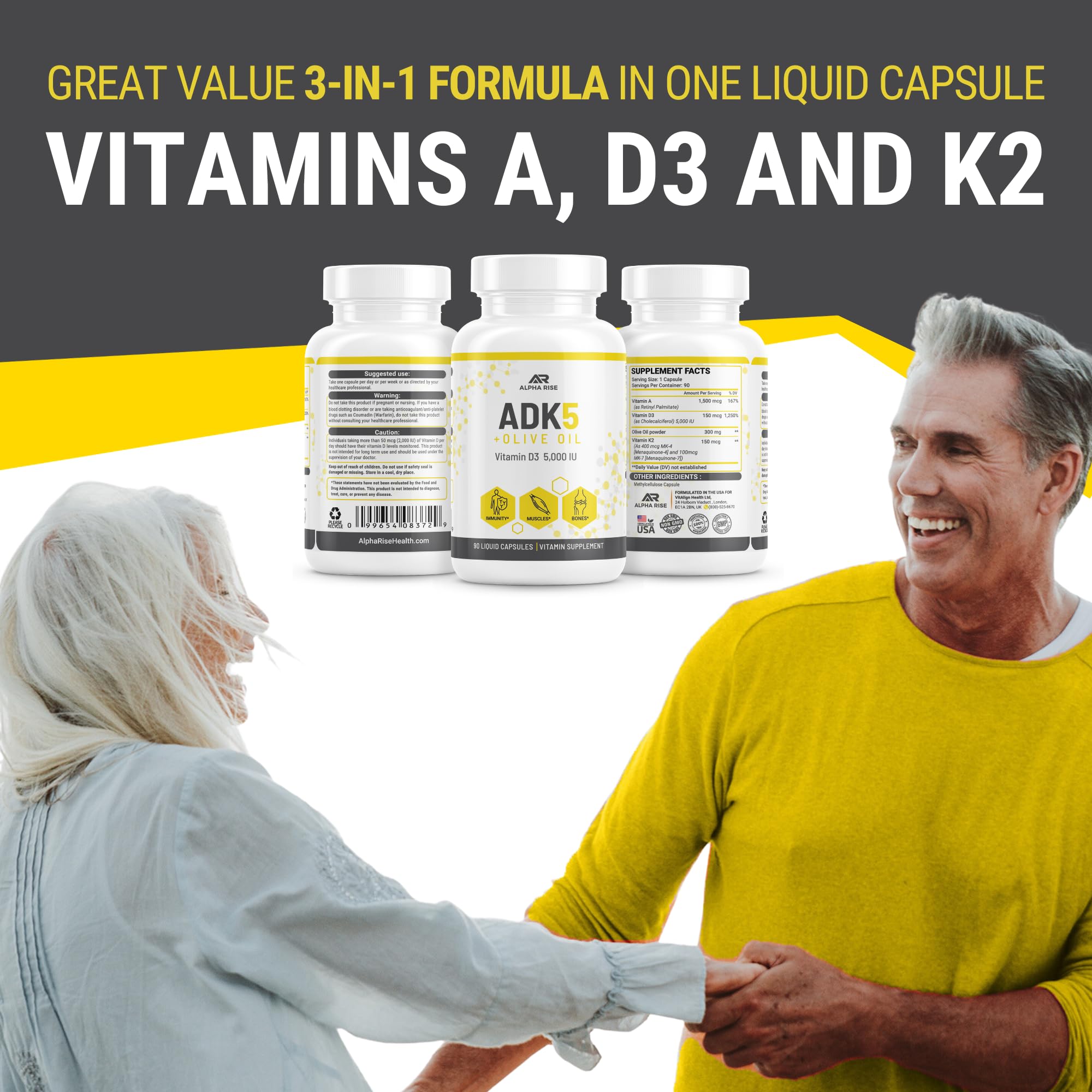 ALPHA RISE etiqueta con lista de ingredientes y detalle de vitaminas A D K