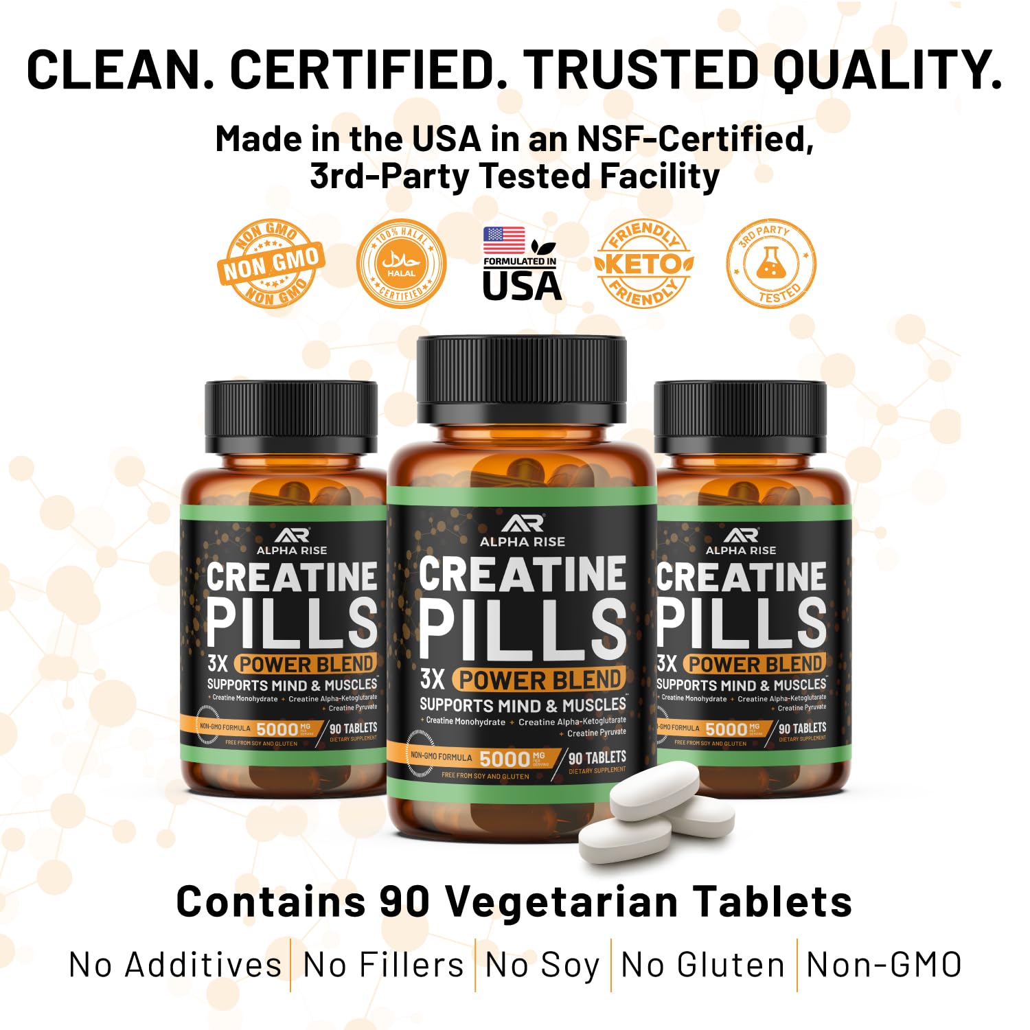 ALPHA RISE etiqueta con ingredientes y certificaciones de calidad