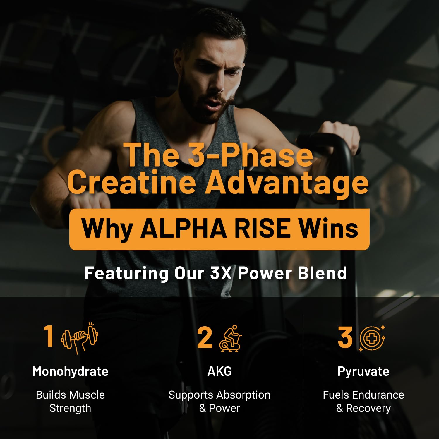 ALPHA RISE tres tabletas junto a vaso indicando dosis de 5 g