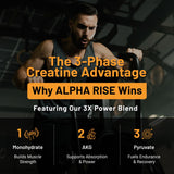 ALPHA RISE tres tabletas junto a vaso indicando dosis de 5 g