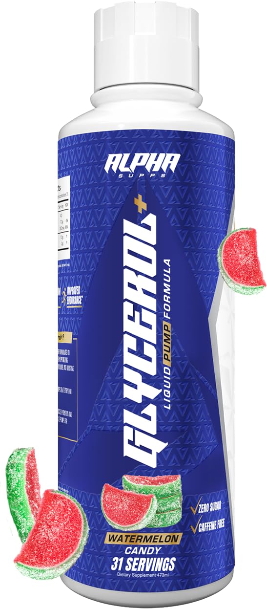 Alpha Supps glicerol+ vista frontal del envase que destaca sabor y porciones
