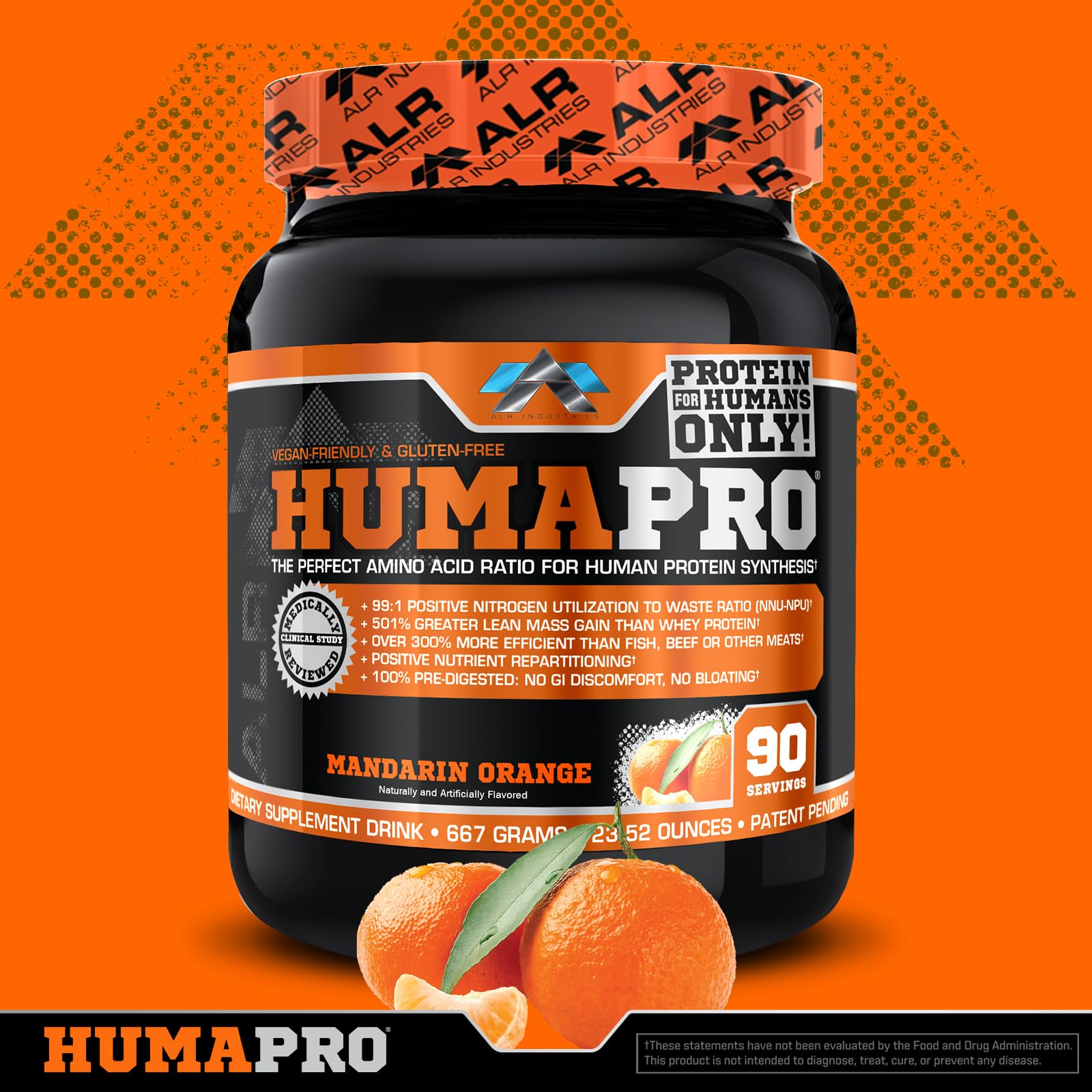 Vaso con HumaPro preparado sabor mandarina, ALR Industries apoyo rápido a la recuperación