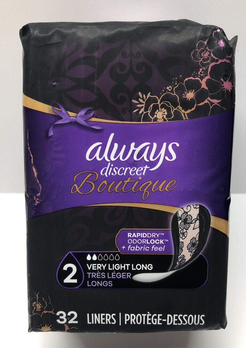 Always Discreet frontal del paquete mostrando 32 liners y diseño discreto